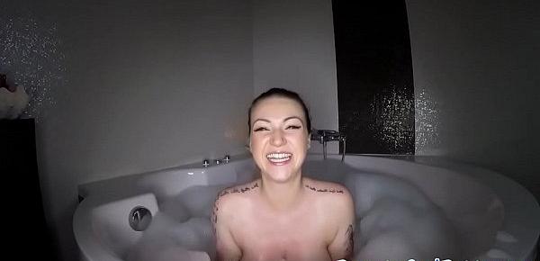  Busty inked babe bathing while seducing cock